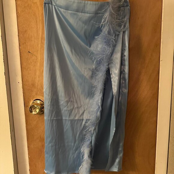 AKIRA - Blue Satin Midi Skirt with Feather Trim - Picture 3 of 5